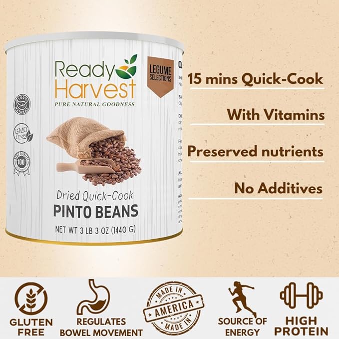 Ready Harvest Emergency Food - Quick-Cook Pinto Beans |Pre-cooked Beans, Just add hot Water | #10 Can | 25-Year Shelf Life | 3 lbs | Cans Filled to the Top