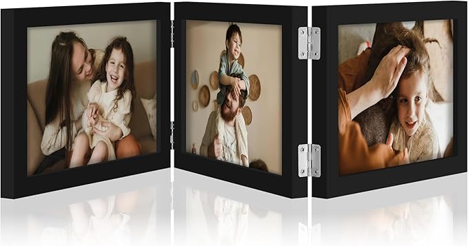 decorUhome Triple 7x5 Picture Frame Horizontal, Engineered Wood Trifold Photo Frame with Plexiglass for Tabletop Display, 7x5, Black