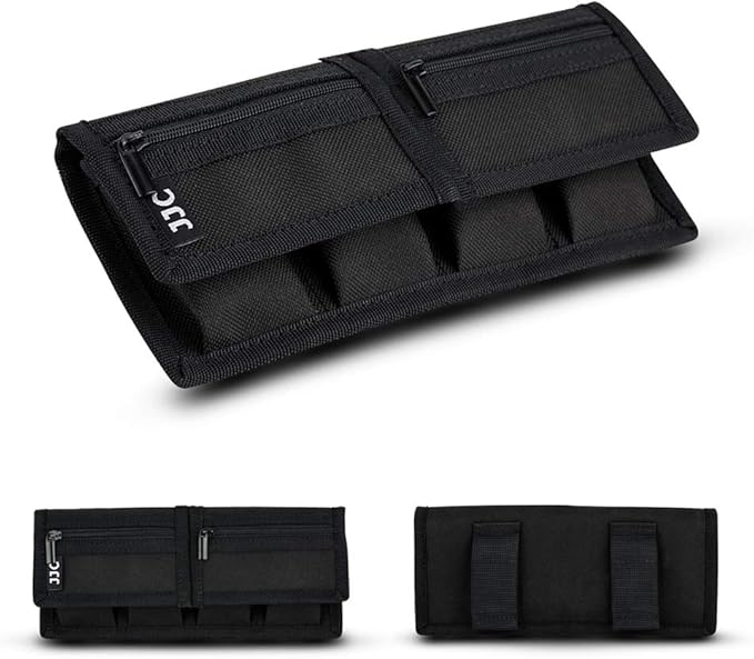 Camera Battery Pouch Holder Case for 4 PCS Sony NP-F550 NP-FW50 NP-FZ100 NP-BX1 Canon LP-E6 LP-E8 LP-E10 LP-E12 LP-E17 Fuji NP-W126 Nikon EN-EL14 EN-EL15 with Zipped Pocket to Store SD TF XQD CF Cards