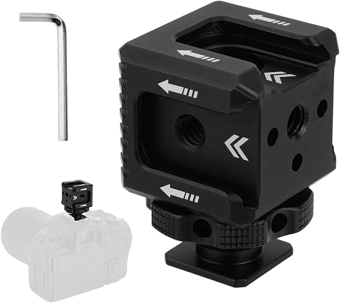 Cold Shoe Mount Adapter, Metal Camera Cold Shoe Extension Bracket with 1/4" Screw Holes for Photography Flash Light Microphone Monitor Compatible with DSLR Cameras (Black)