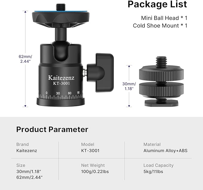 Mini Ball Head, Panoramic Camera Tripod Head with 1/4" Screw and Dual Hot Shoe Mount, 360 Rotatable Metal Adapter for DSLR Camera Tripods Monopods Camcorder Light Microphone, Max Load 5.5lbs