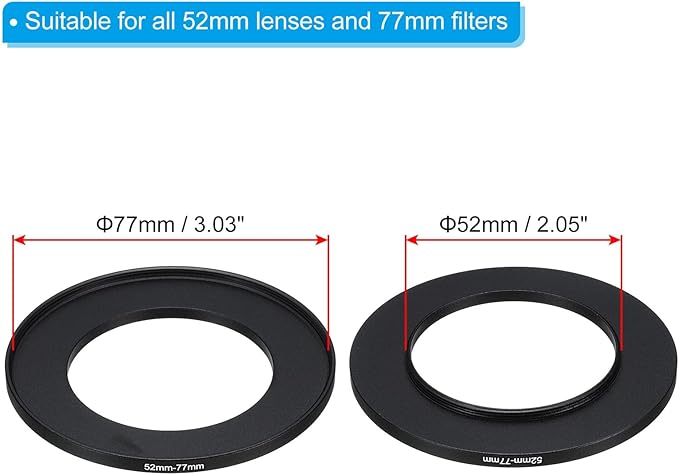 PATIKIL 52mm-77mm Metal Step Up Ring with Cleaning Cloth, 2 Pack Camera Lens Filter Adapter Ring Aluminum Filter Adapter Ring for Camera Lenses Hood, Black