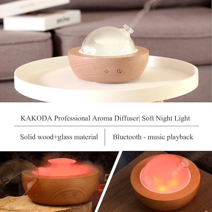 Glass Essential Oil Diffuser,Real Wood Base,Bluetooth Speaker,2025 Upgrade Aromatherapy Diffuser,Aroma Diffuse with Music Player,LED Light in 7 Colors，Home Office Bedroom（Non-Glass Reservoir）