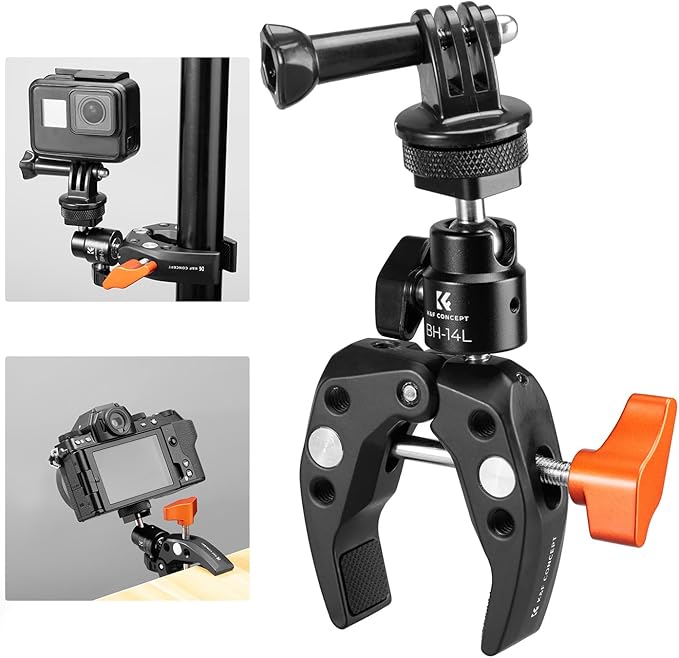 K&F CONCEPT Super Clamp Camera Clamp with 360° Ballhead, Compatible with GoPro/AKASO/Insta360/Pocket 3, 1/4" Screw & Cold Shoe Mount for Camera/Monitor/Light/Microphone
