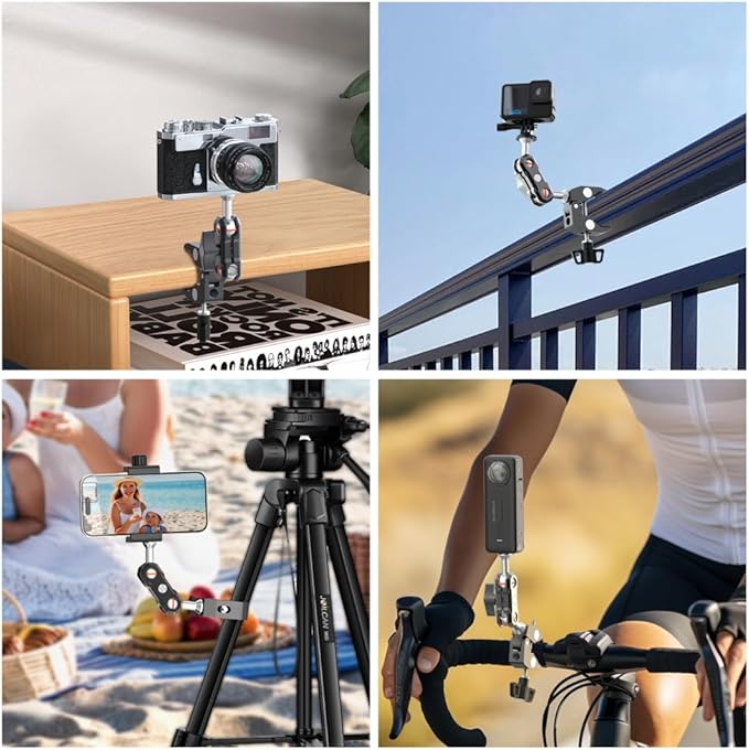 Super Camera Clamp Mount, Aluminum Alloy Double Ball Head Magic Arm Adapter, Fence/Desk/Tripod Mount for Most Phone, for Insta360 X5/X4, for Gopro 13/12/11, DJI Action 5Pro/4/3 and More Action Cameras