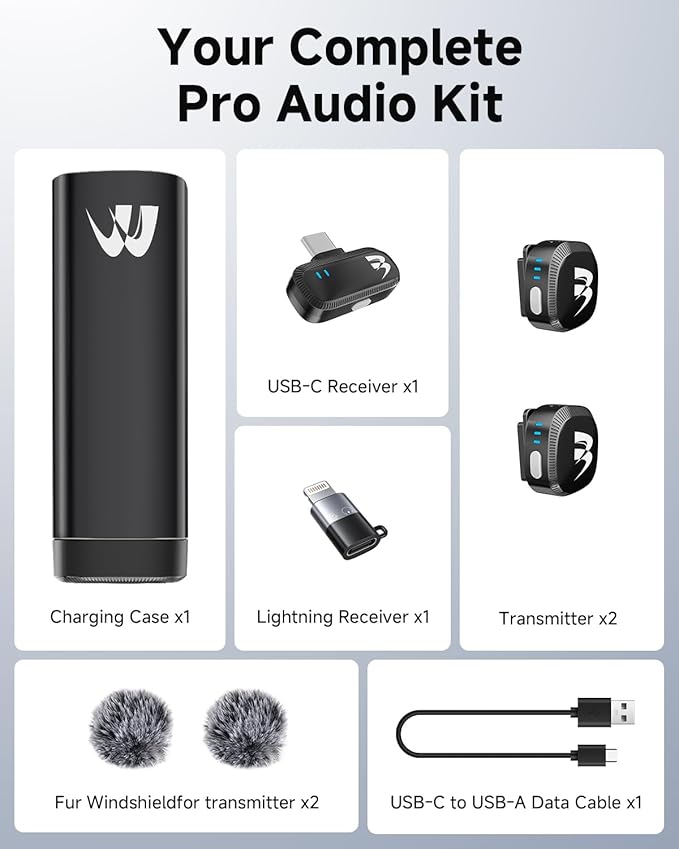 2 Pack Wireless lavalier Microphone,Mini Microphone (Lightning/USB C) Ai Noise Cancelling Hi-Fi studio-quality with Charging Case, Plug-and-Play 160ft Compact Clip-on Mic for iPhone, Android，iPad