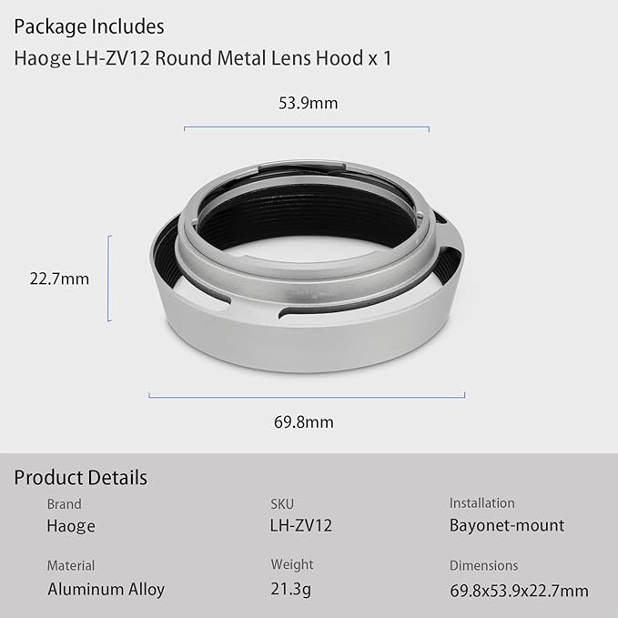 Haoge LH-ZV12 Round Metal Lens Hood Compatible with Carl Zeiss C Biogon T* 4.5/21 21mm f4.5 ZM, C Sonnar 1.5/50 50mm f1.5 ZM Lens Silver