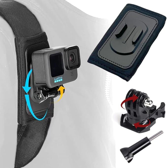 Reflex Camera 360° Rotation Backpack Shoulder Strap Mount Adapter Compatible with Go Pro Hero 13-9, Insta 360 X3/X2, D J I Osmo Action 3/2 – Hands-Free, Adjustable, Secure Action Camera Clip Mount