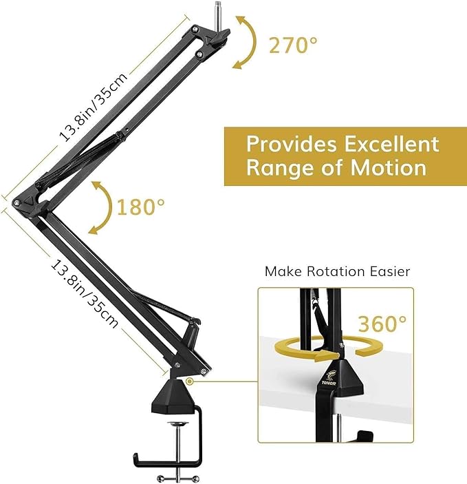 TONOR Microphone Arm Stand, Adjustable Suspension Boom Scissor Mic Stand with Pop Filter, 3/8" to 5/8" Adapter, Excellent Compatibility, Mic Clip, Upgraded Heavy Duty Clamp, 35cm+35cm, T20