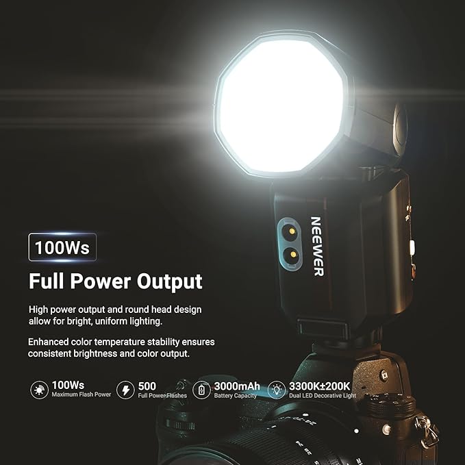 NEEWER 100Ws 2.4G TTL Round Head Flash Speedlite Compatible with Nikon Cameras, 1/8000s HSS, Touch Screen, 2 Modeling Lamps, TTL/M Toggle, 3000mAh/500 Full Power Flash Studio Photography Light, Z3-N
