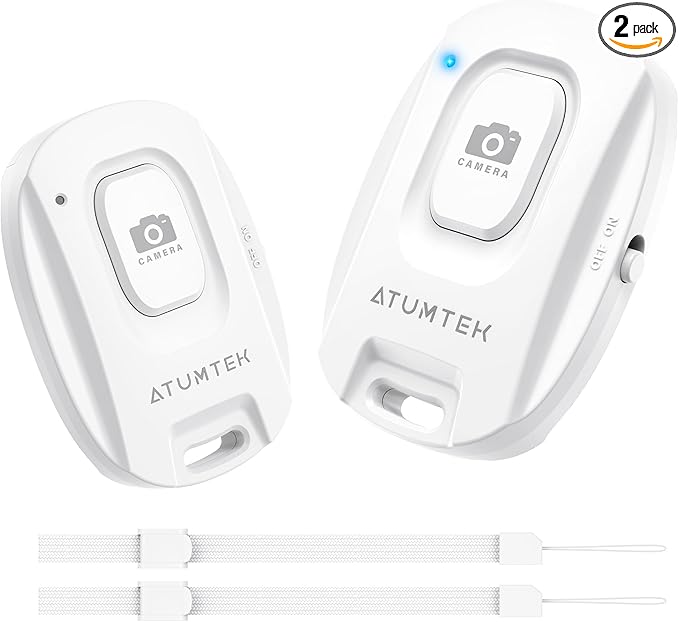 ATUMTEK Camera Remote Shutter for iPhone and Android Smartphones (2 Pack), Wireless Phone Remote Control Selfie Button for Photos and Videos (Bluetooth 5.2), Wrist Strap Included, White