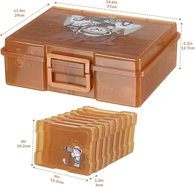 Naivees Photo Containers Storage Case Teddy Storage Box 4" x 6" Plastic Cartoon Organizer with 16 Inner Photo Containers Boxes for Photos,Cards,Pictures (Camping Brown)