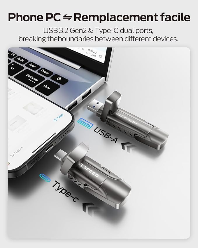MOVE SPEED 128GB Thumb Drive, 1000MB/s Read Write Speed, USB 3.2 Gen2+Type C Dual Interface SSD Drive with Leather Case Memory Stick for iPhone 15, 16, 17 Series/MacBook/Android/Audio etc(1 Pack)