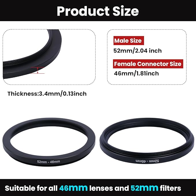 Metal Step Down Ring Filter Adapter - 52mm to 46mm - Metal Ring Step Down Rings Adapter Filter Compatible with All 46mm UV, CPL, ND, Lens Hood, Threaded Lens ect