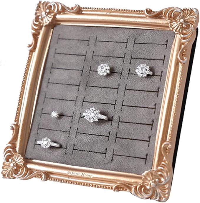 Vintage Photo Frame Ring Holder - 24 Slot Velvet Jewelry Organizer Display Stand for All Ring Sizes, Gold Baroque Elegant Storage Tray for Wedding Engagement Collection Photography (Grey)