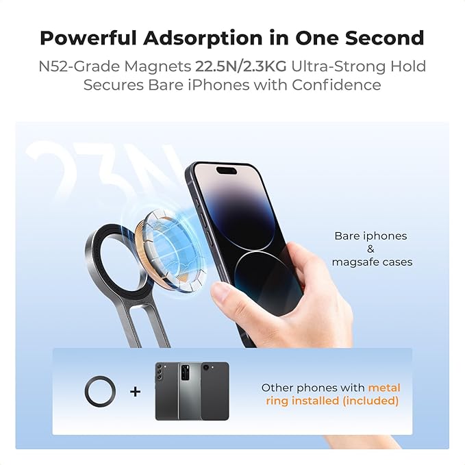 K&F CONCEPT Magnetic Phone Tripod Stand, 23N Strong Magnetic Mini Tripod Aluminium Alloy Pocket Selfie Stick, Mag Safe Phone Holder Compatible with iPhone 17 16 15 14 13 12 Series(Gray)