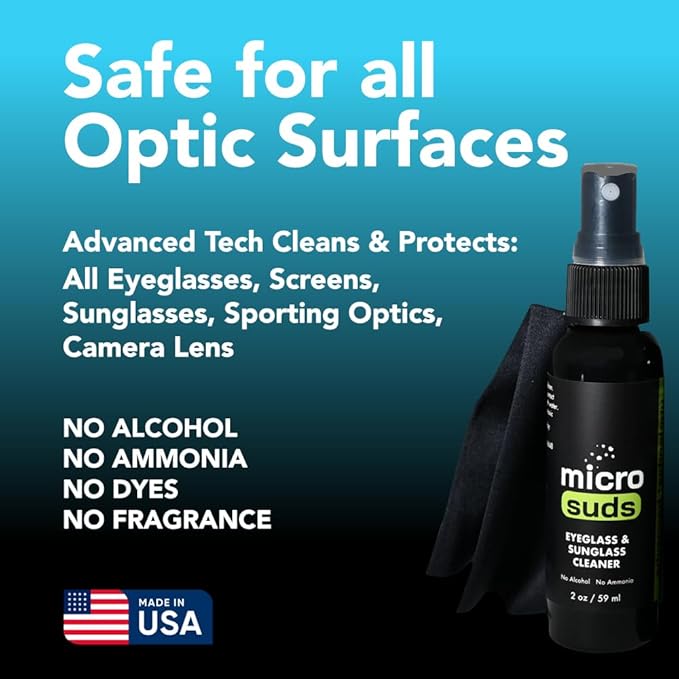 Microsuds Advanced Eye glass Cleaner Spray Kit | (2x) Glass Cleaner Sprays 2oz & (2x) Glasses Cleaning Cloth | Formula Mitigates Scratches for Eyeglasses, Laptop, Screens | USA MADE (4 piece set)