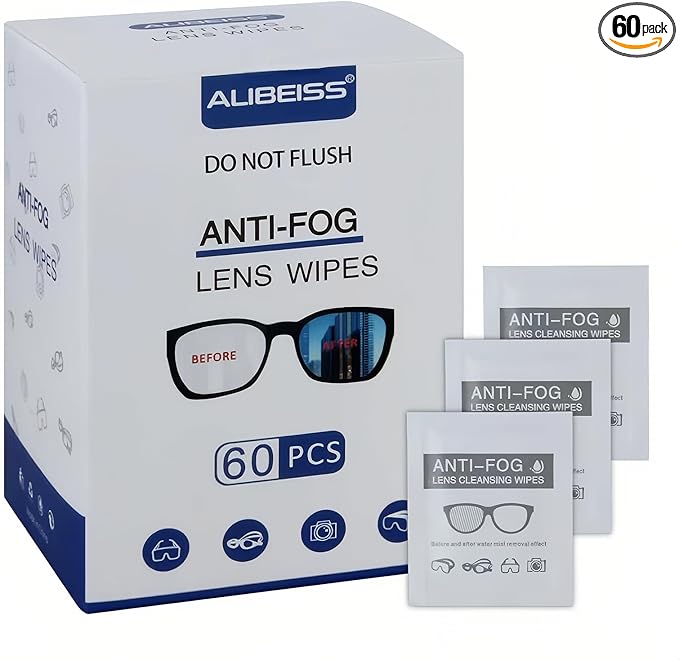 ALIBEISS Anti-Fog Lens Wipes Pre-Moistened Anti-Fog Wipes, 6inch X 5inch,for Eye Glasses (60 Pack)