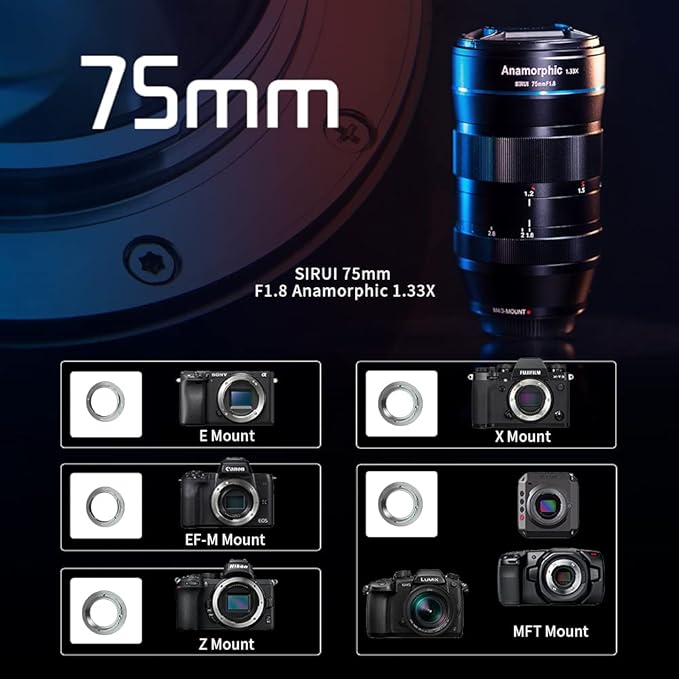 SIRUI 75mm F1.8 1.33X APS-C Anamorphic Lens for MFT Mount, Blue Flare