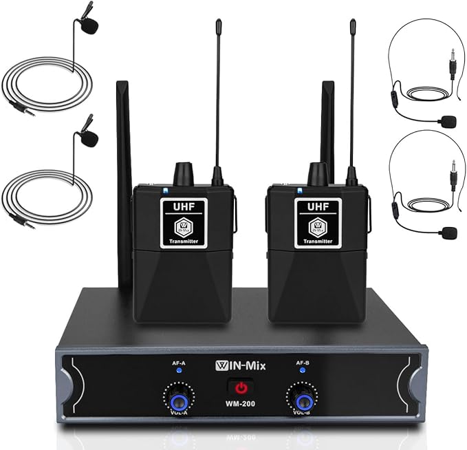 W IN-MIX UHF Wireless Microphone System -Dual Bodypack 260ft Fixed Frequency for Church, Wedding, Conference