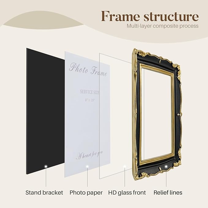 Cuspin 8x10 Picture Frame Black and Gold Frames, Ornate Textured Hand-Crafted Resin Photo Frames with Glass Front, 8 by 10 Decorative Picture Frame for Wall & Tabletop, Vintage Home Decor