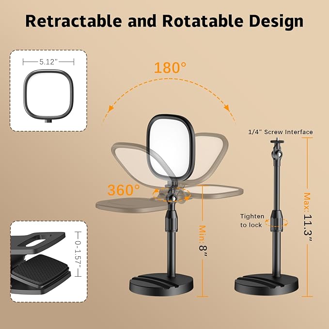 yAyusi Full Screen Desk Ring Light with Stand, Retractable Dual-Use Desktop/Clip On Ring Light for Computer Laptop, Portable Ring Lights for Phone, Dimmable Selfie LED Ring Lights for Video Recording