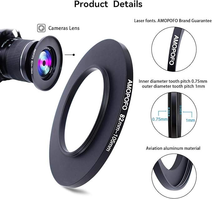 82mm to 105mm Step Up Ring Filter Adapter Metal Step Up Ring,Compatible with All 82mm Camera Lens& 105mm UV,ND,CPL Accessories,Made of CNC Machined Aluminum(82-105mm)