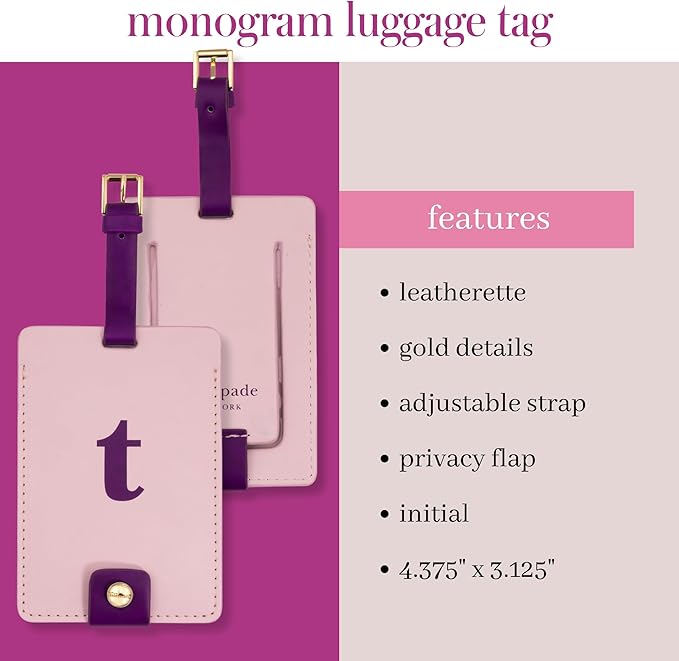 Kate Spade New York Leatherette Luggage Tag with Secure Strap, Colorful Suitcase Identifier for Travel, Monogram Bag Tag ID (T) (Pack of 2)