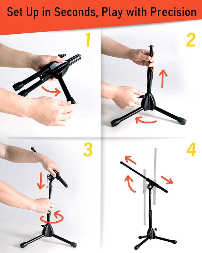 Stage Rocker Foldable Tripod Low-Profile Mic Boom Stand, 2 Pack - Height Extending from 9.6'' to 16.9'', w/Adjustable Telescoping Arm Up to 9'', Lightweight, Black, Powered by Hamilton(SR610121B-2PK)