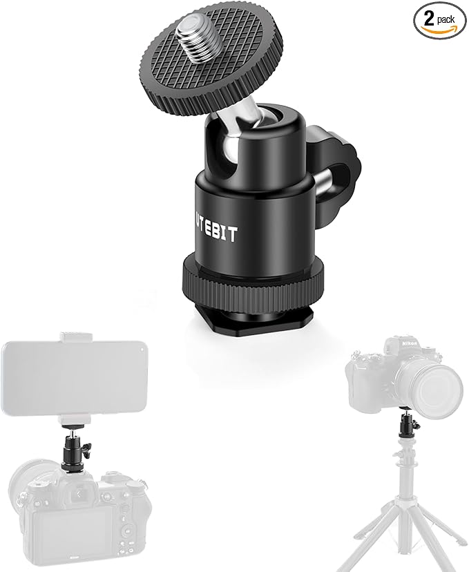 UTEBIT 2 Pack Universal 1/4" Swivel Mini Ball Head Screw Tripod Mount, 360 Degree Rotating Mount Base Adapter 1/4" Camera Hot Shoe Mount for DSLR Cameras Vive Tripods Monopods Camcorder Light Stand