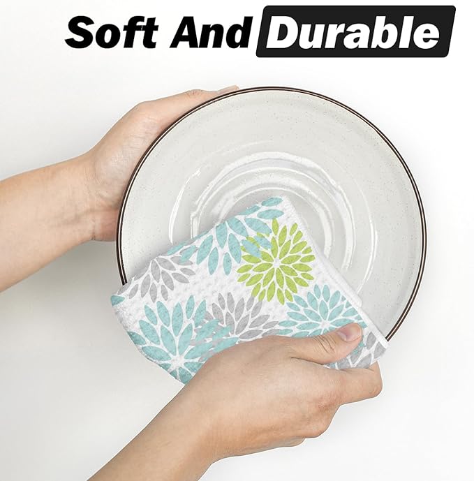 Artoid Mode Light Blue Dahlia Floral Bar Kitchen Towels, 12x24 Inch Quick Dry Microfiber Cloth Dish Towels for Kitchen Drying Set of 2