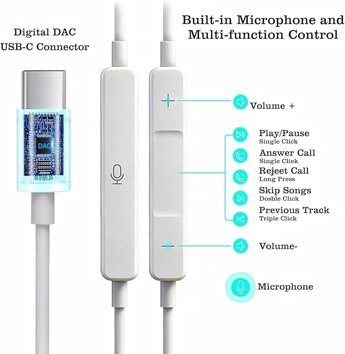 USB C Headphone for Samsung S25 S24 S23 Ultra FE Wired Earbuds in-Ear Type C Earphone with Microphone Volume Control Stereo Noise Canceling for iPhone 17 16 15 Pro Max Pixel 10