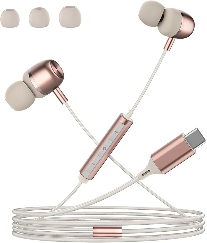 USB C Headphones for Samsung S24 S23 FE S22 S21 S20 A53 A54 Wired Earbuds Metal in-Ear Type C Earphone with Microphone Volume Control Bass Stereo for iPhone 17 Pro Max iPhone 16 Pro Max Pixel (Pink)