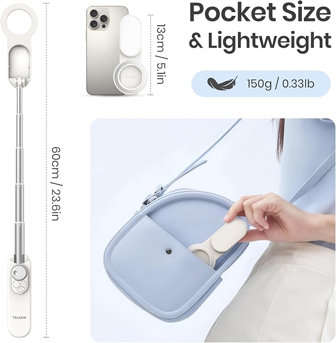 Multifunctional Magnetic Selfie Stick Tripod, 360° Rotation Portable Extendable Phone Stand for Video Recording & Vlog, Pocket Size for iPhone Android Smartphones (White)