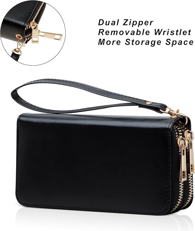 Cellphone Wallet for Women Dual Zipper Long Purse with Removable Wristlet