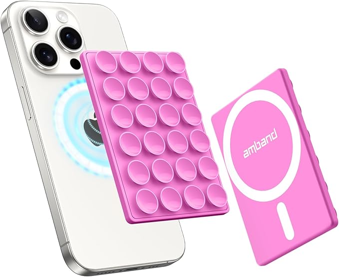 amBand Magnetic Sticky Phone Suction Grip for MagSafe, Removable for Wireless Charging, Durable Magnet Silicone Portable Mount Stand for iPhone 12 13 14 15 16 17, Hands-Free Video/Selfie, Bubble Gum