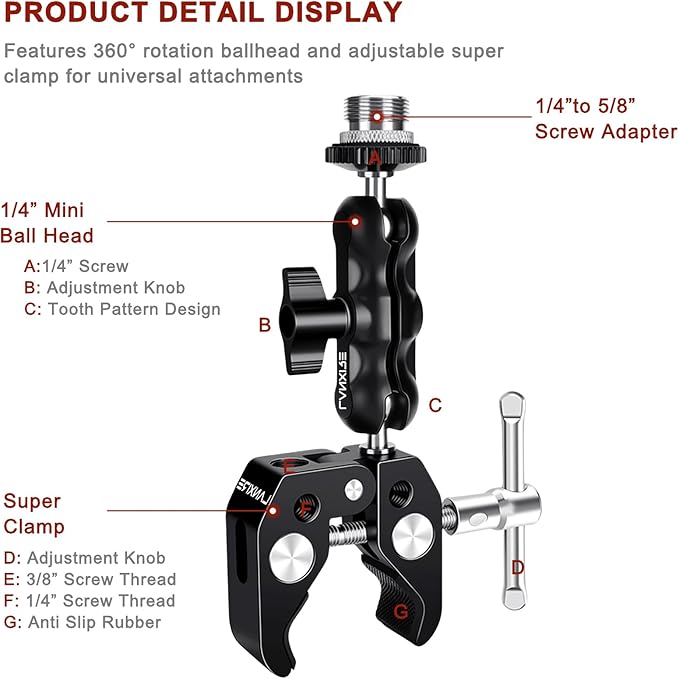 Mic Mount Microphone Clamp with Ball Head Magic Arm - Compatible with Microphones - Max Load 4.4lb/2kg - 1/4" and 3/8" Thread Holes
