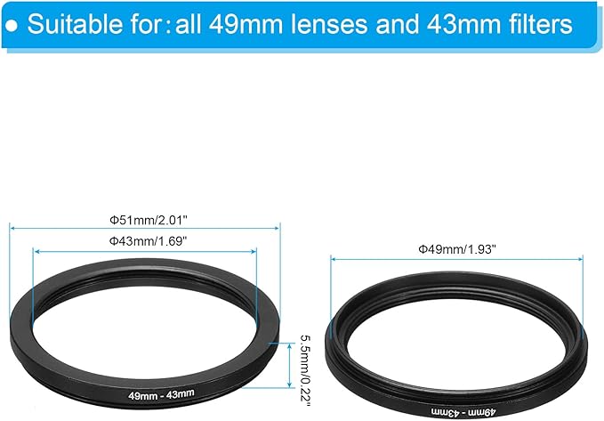 PATIKIL 49mm-43mm Metal Step Down Ring, Camera Lens Filter Adapter Ring Aluminum Filter Adapter Ring for Camera Lenses Hood, Black