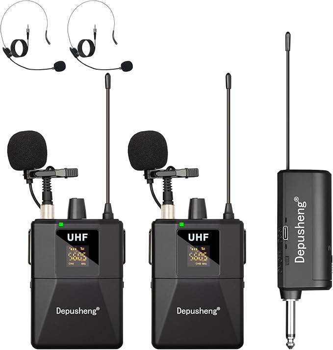 Depusheng UHF Wireless Microphone Headset System -Wireless Headset Mic System, with Lavalier Lapel Mics,200ft Range, 1/8'' and 1/4'' Plug for Recording PA Speaker,Conference