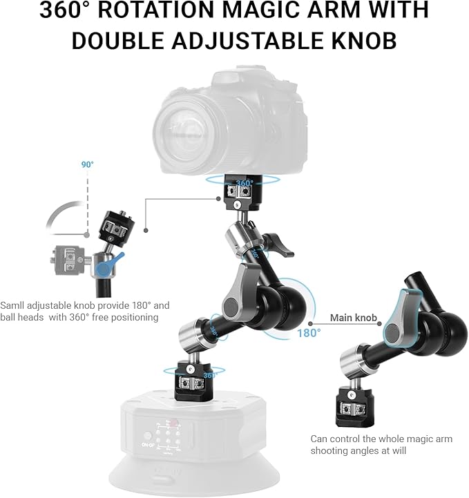 Heavy-Duty Articulating Magic Arm Mount with Super Clamp, 360° Dual Ball Head & 1/4" ARRI Locating Pin&Holes, Camera Monitor Mount for Action Camera Video LED Light (7" Magic Arm)