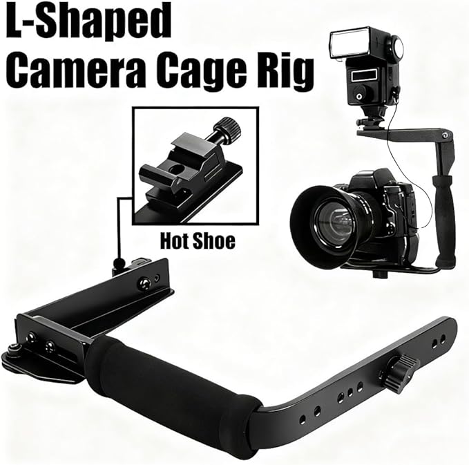 L-Shaped Handheld Camera Flashlight Bracket, Hot Shoe Camera Cage Rig, with 1/4 Tripod Screw Handheld Stabilizer, Adjustable Arm & Roll Bar for Sony for Nikon for Canon for Fujifilm DSLR Cameras