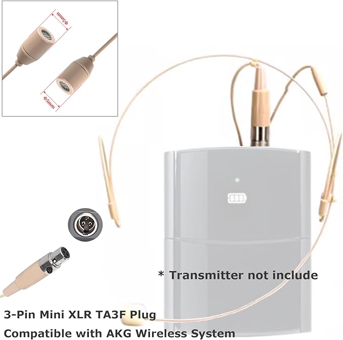 Headset Microphone Headworn Double Over Ear Earset Hanging Condenser Omnidirectional Mic Compatible with AKG Wireless Bodypack Transmitter System with Mini XLR 3 Pin TA3F Plug