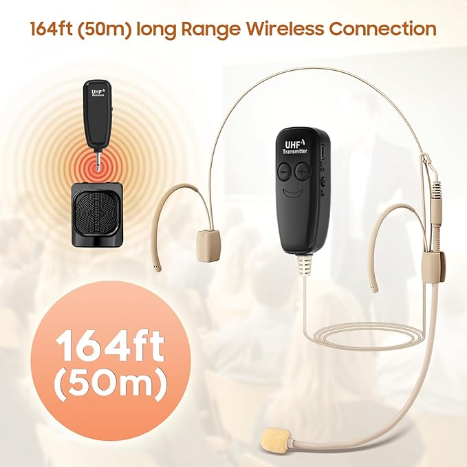 Wireless Headset Microphone, UHF Skin Tone Head Mic Speaker System, Beige Professional Voice Amplifier Microphones, with 164ft Range, Ideal for Teachers Tour Guides Fitness Coaches Conferences