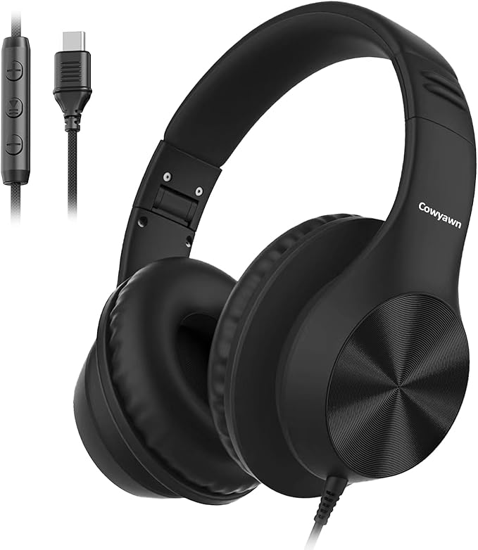 USB C Headphones Wired, Over Ear USB C Wired Headphones with Microphone, HD Stereo Sound, Volume Control, Foldable USB Type C Headphones for Adult/Teens/Computer/Laptop/iPhone 15/16/17, Black