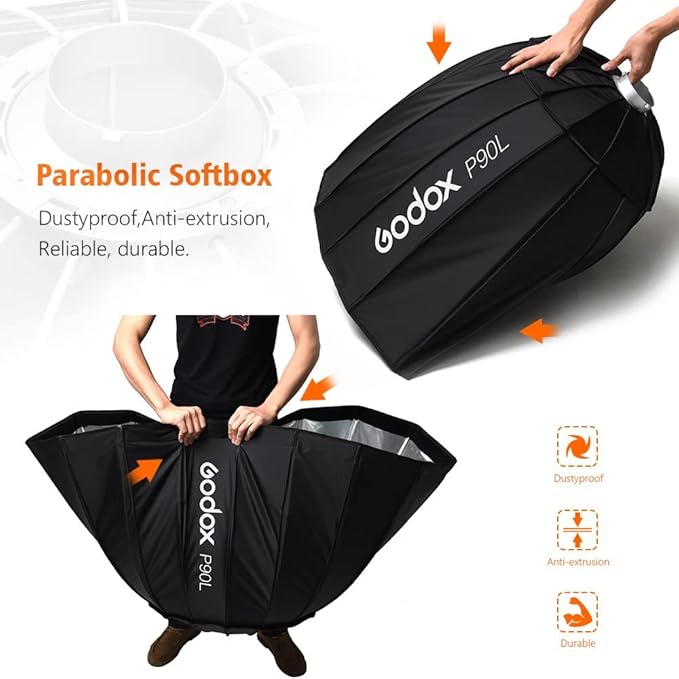 Godox P90L 90cm 35.5 inch Portable Deep Parabolic Softbox Bowens Mount Studio Flash Reflector Photo Studio Softbox for Studio Flash SK400II DP600II DP400II DE300 DE400 and Outdoor Flash AD600 AD600BM