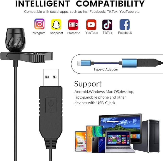 KMAG USB Lavalier Microphone, Lapel Microphone for Computer, USB-C Clip On Mic for YouTube, Recording, Podcasting, Gaming, Interview Omnidirectional Condenser Mic for PC, Laptop, Mac, Smartphone
