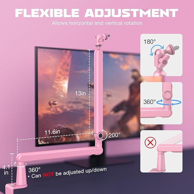 FIFINE Low Profile Boom Arm Mic Stand, Microphone Stand with Cable Management Channel, Desk Clamp, Screw Adapter for Streaming Podcast Recording, Adjustable Metal Mic Boom Arm Pink-BM88P