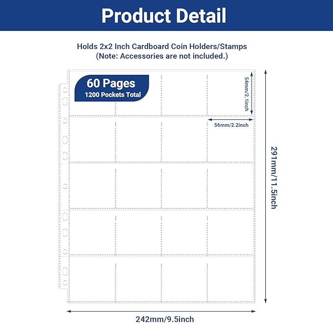 ENPOINT 1200 Pockets Acid Free Coin Sleeves, Fit for Coin Flips 2x2 inch, 60 Pack 3 Ring Binder Sleeves Clear Plastic Stamp Collecting Supplies, Non Stick and Non Glare