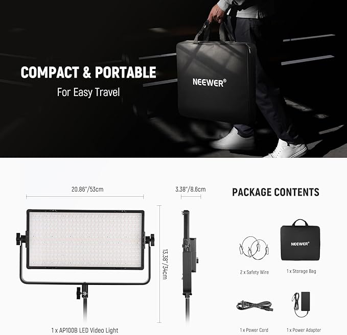 NEEWER 100W Bi Color LED Panel Video Light Kit, 960 LEDs 38600Lux@0.5m 2500K-8500K CRI96+/TLCI97+ 0-100% Dimming, APP/2.4G/Panel/DMX Control for Pro Studio Photography Recording Stage Lighting, AP100B