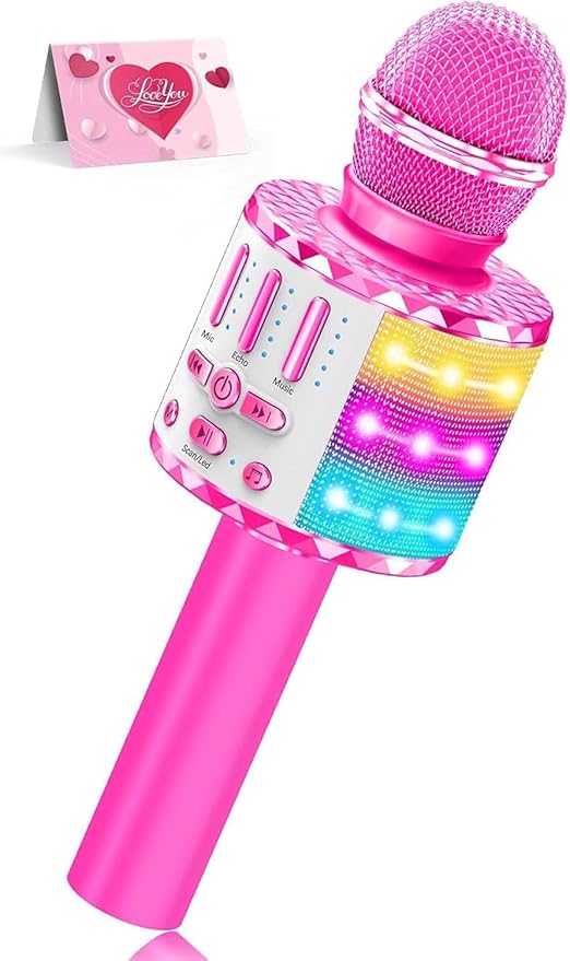 Karaoke Microphone Toys for Kids, Wireless Bluetooth Mic with Lights & Speaker, Portable Home KTV Player System, Perfect Birthday Party for 3-12 Year Old Boys & Girls